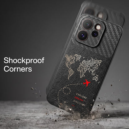 Oppo Reno 15 Pro Mini 5G Travel Map Carbon Fiber Leather Hybrid Back Case