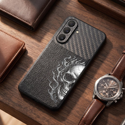 Samsung Galaxy A37 5G Skull Art Carbon Fiber Leather Hybrid Back Case