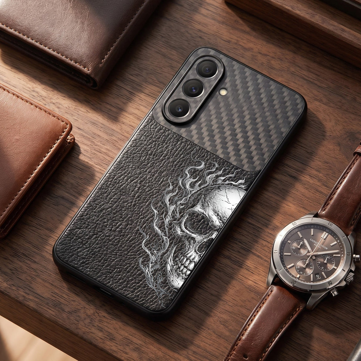 Samsung Galaxy A27 5G Skull Art Carbon Fiber Leather Hybrid Back Case
