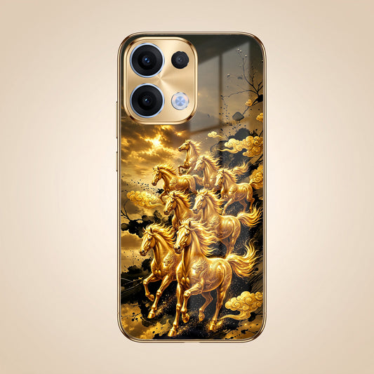 Oppo Reno 13 5G Celestial Seven Horses Gold Electroplated Glass Phone Back Case