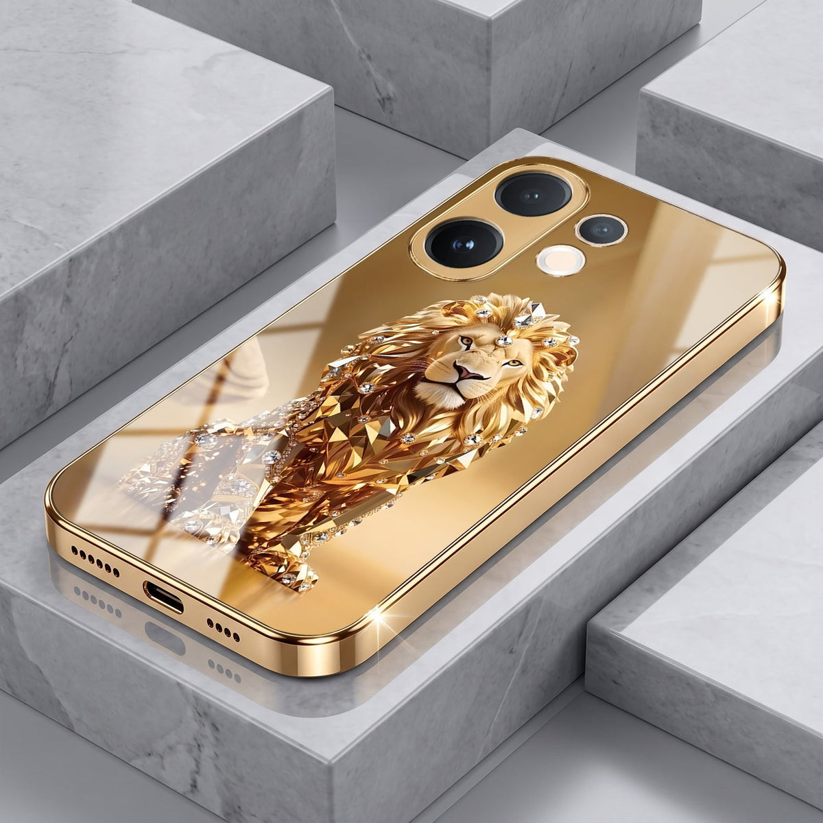 Vivo V60 5G Luxury Lion Gold Electroplated Glass Phone Back Case