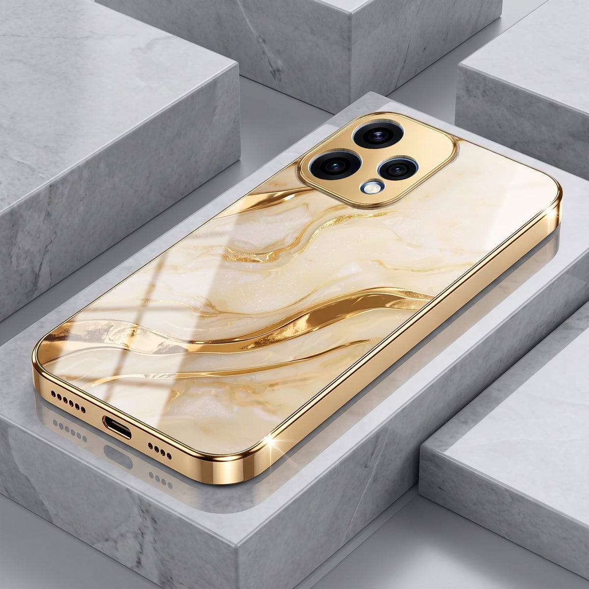 Oppo Reno 15 5G Marvel Texture Gold Electroplated Glass Phone Back Case