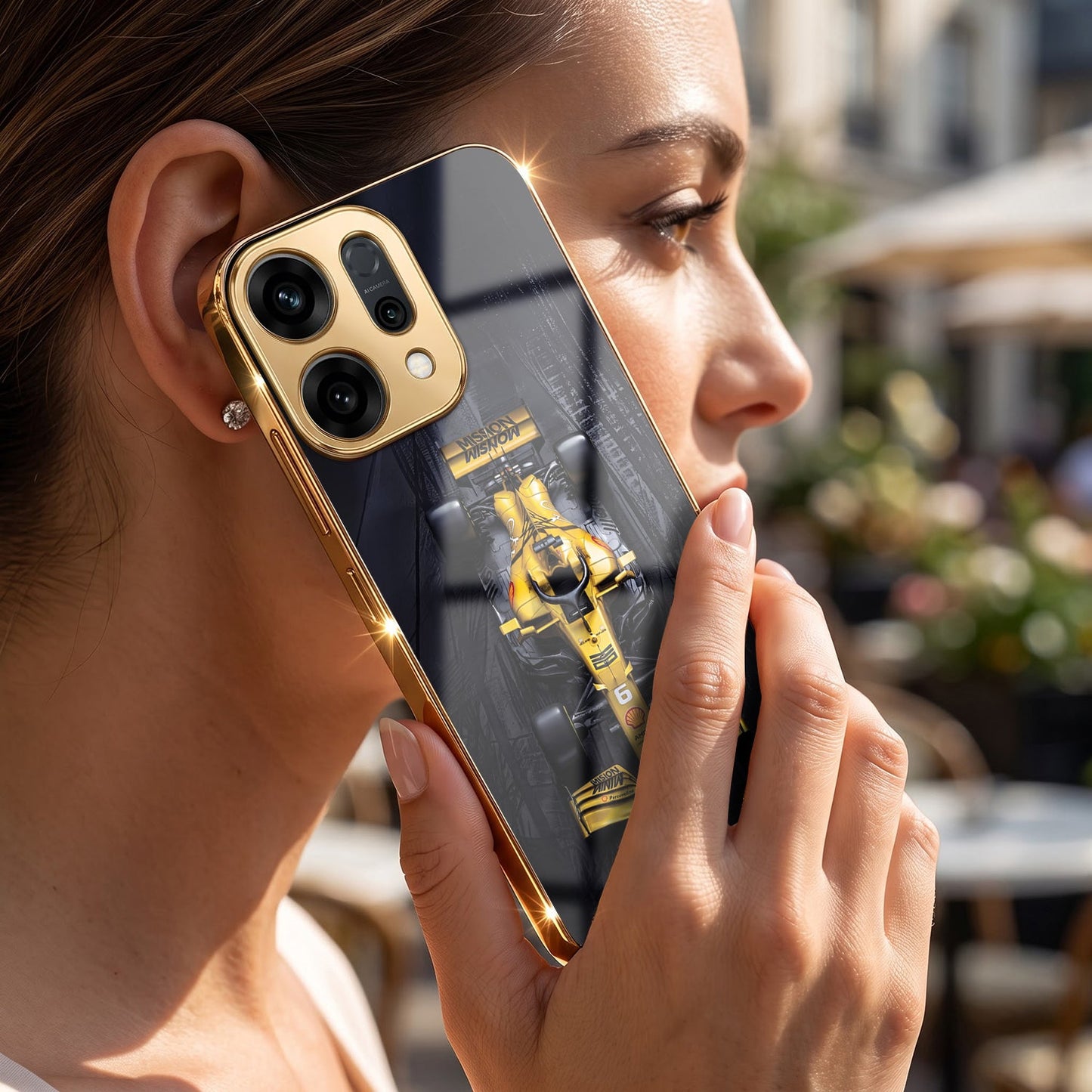 Oppo Reno 14 5G F1 Racing Car Gold Electroplated Glass Phone Back Case