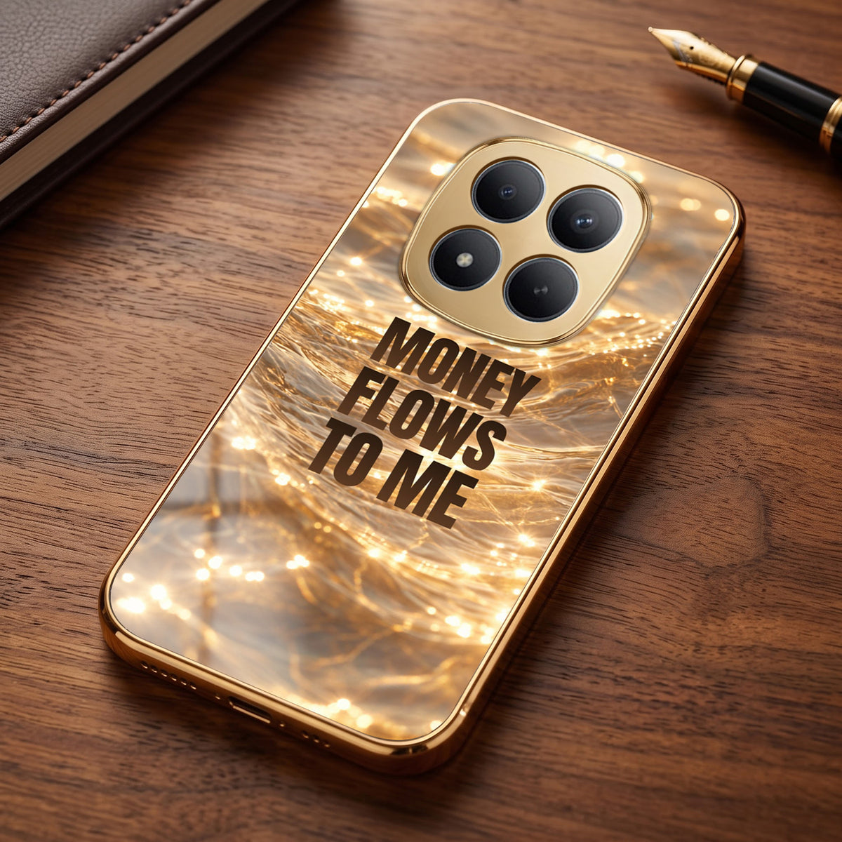 Redmi Note 15 Pro+ 5G Money Flows To Me Gold Electroplated Glass Phone Back Case