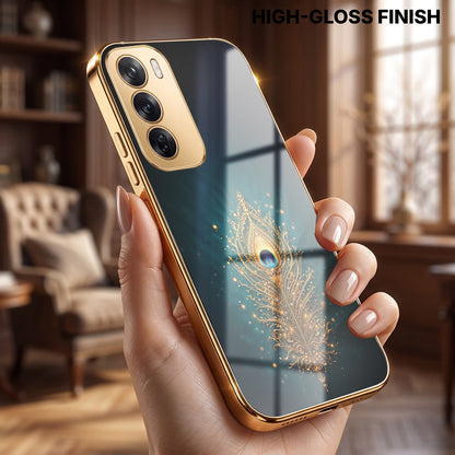 Oppo Reno 12 Pro 5G Golden Peacock Feather Gold Electroplated Glass Phone Back Case