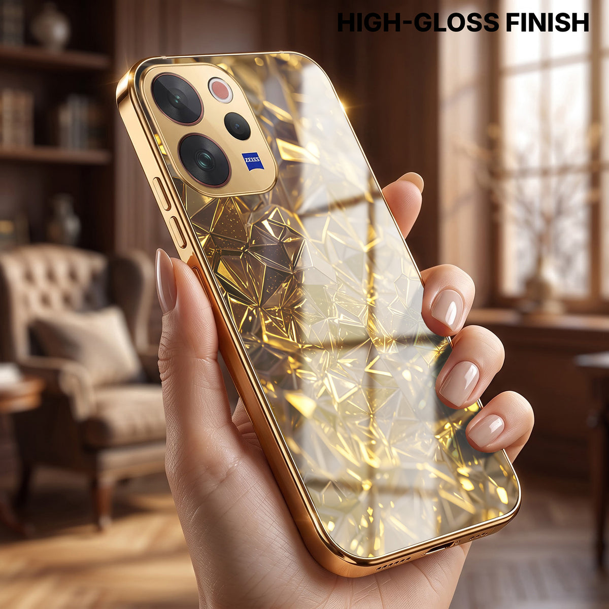 Vivo V70 5G Golden Diamond Shatter Gold Electroplated Glass Phone Back Case