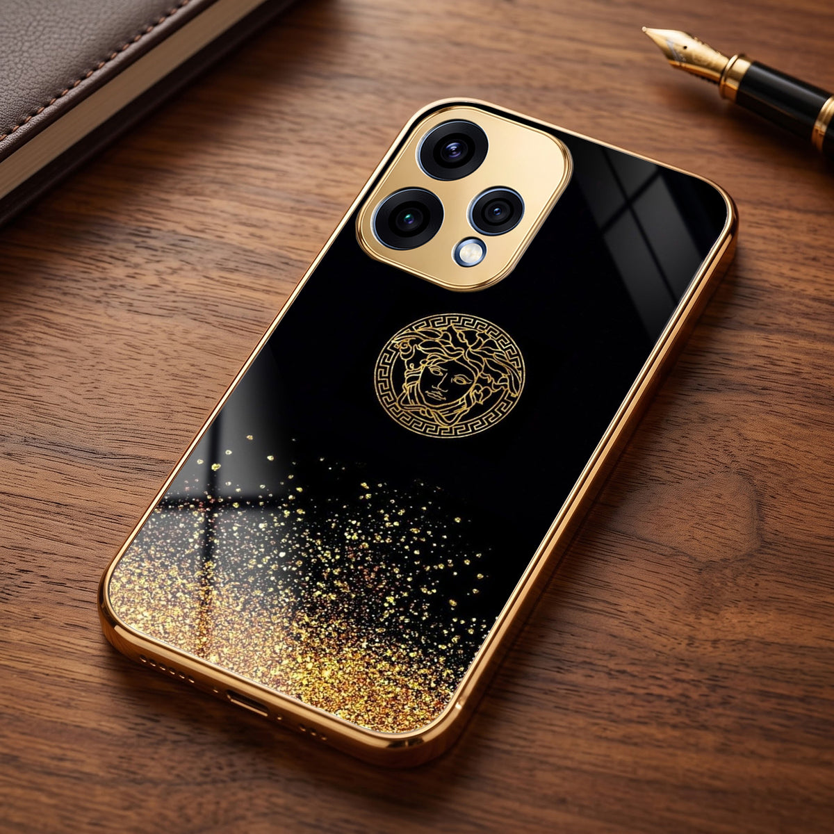 Oppo Reno 15 5G Medusa Head Gold Electroplated Glass Phone Back Case