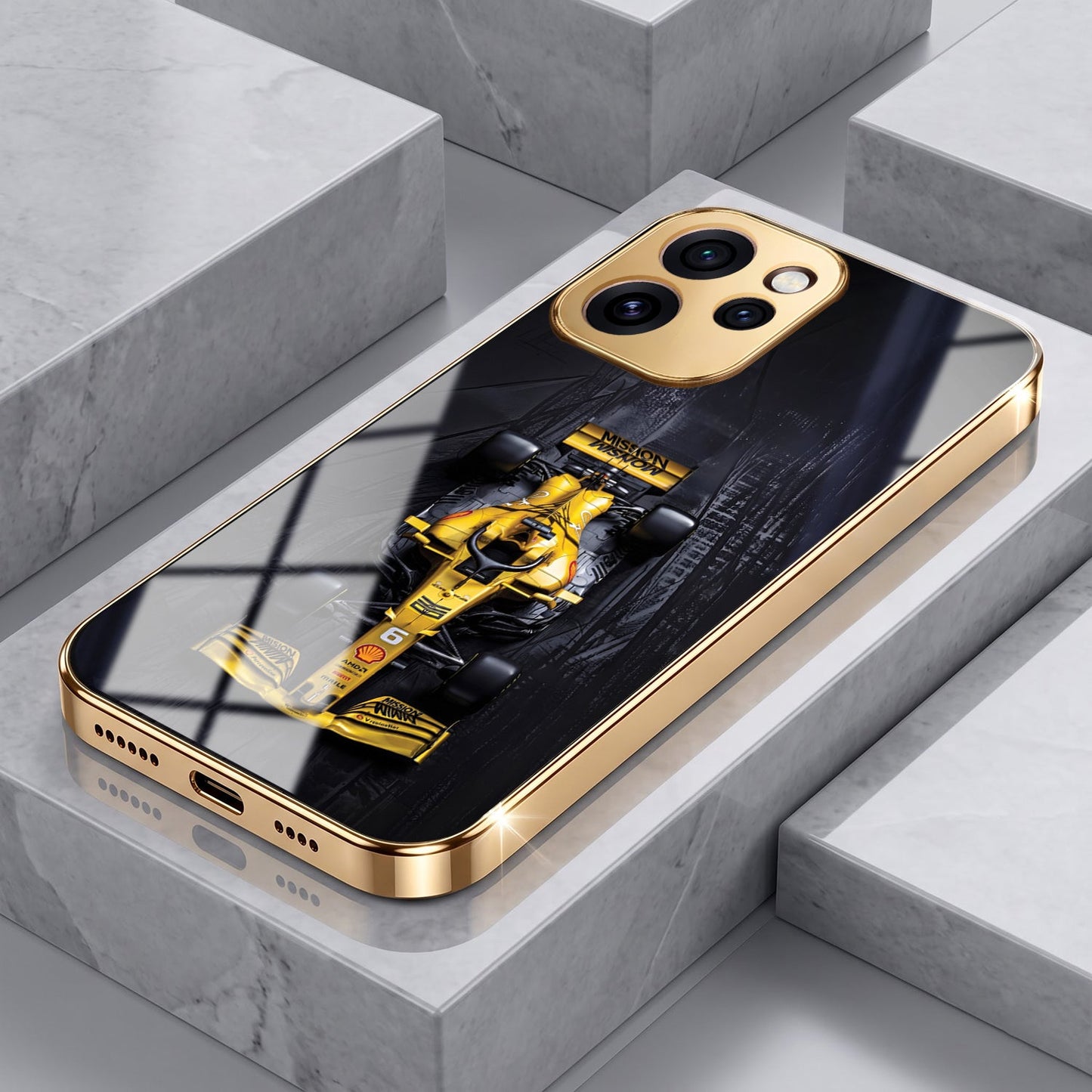 Oppo Reno 15 Pro Mini 5G F1 Racing Car Gold Electroplated Glass Phone Back Case