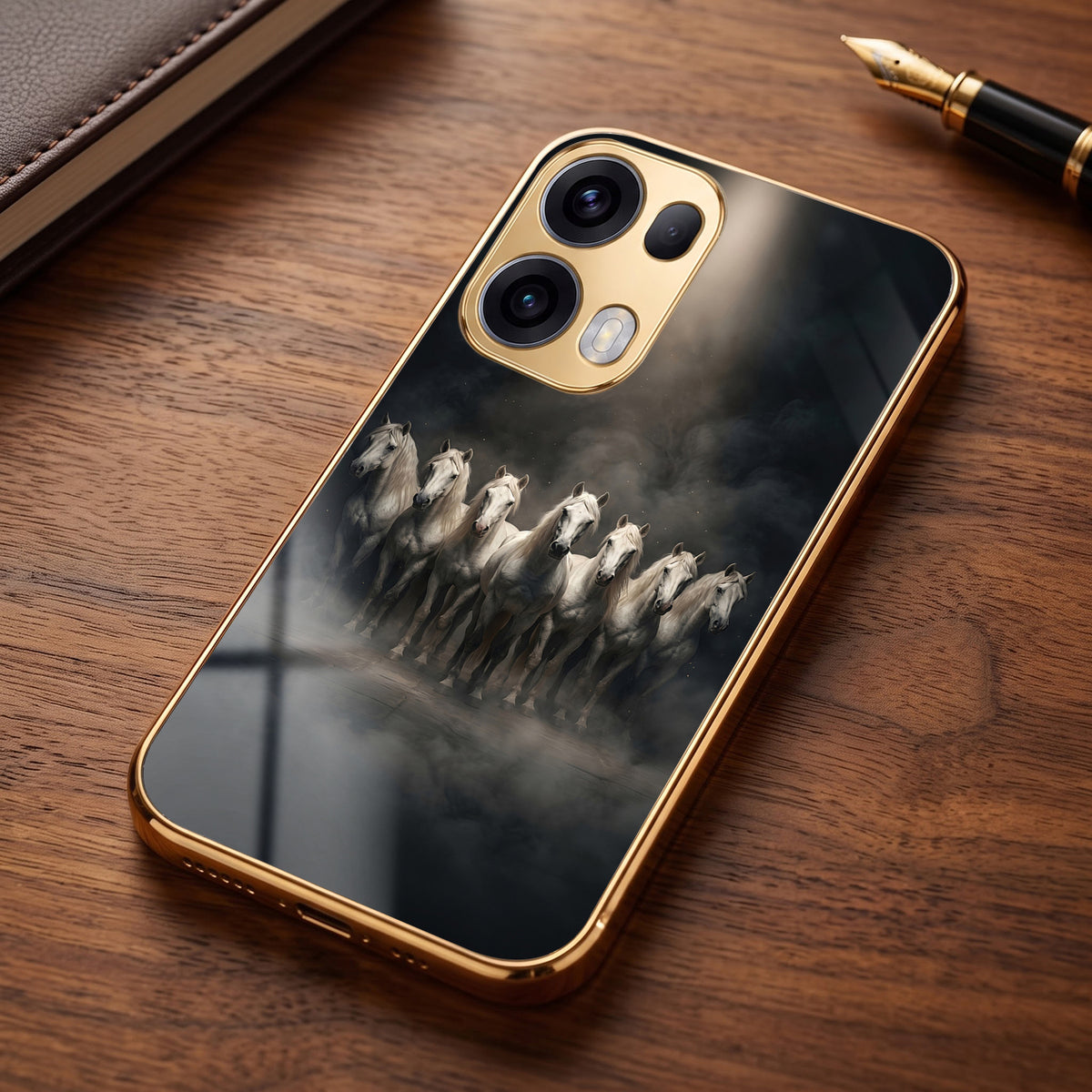 Oppo Reno 13 Pro 5G Running Horses Gold Electroplated Glass Phone Back Case