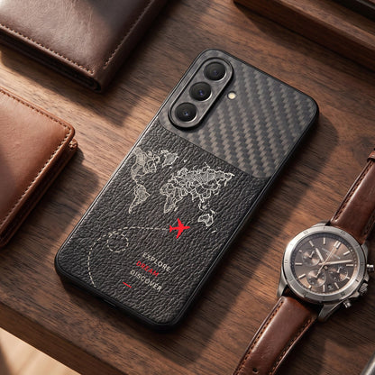 Samsung Galaxy A57 5G Travel Map Carbon Fiber Leather Hybrid Back Case