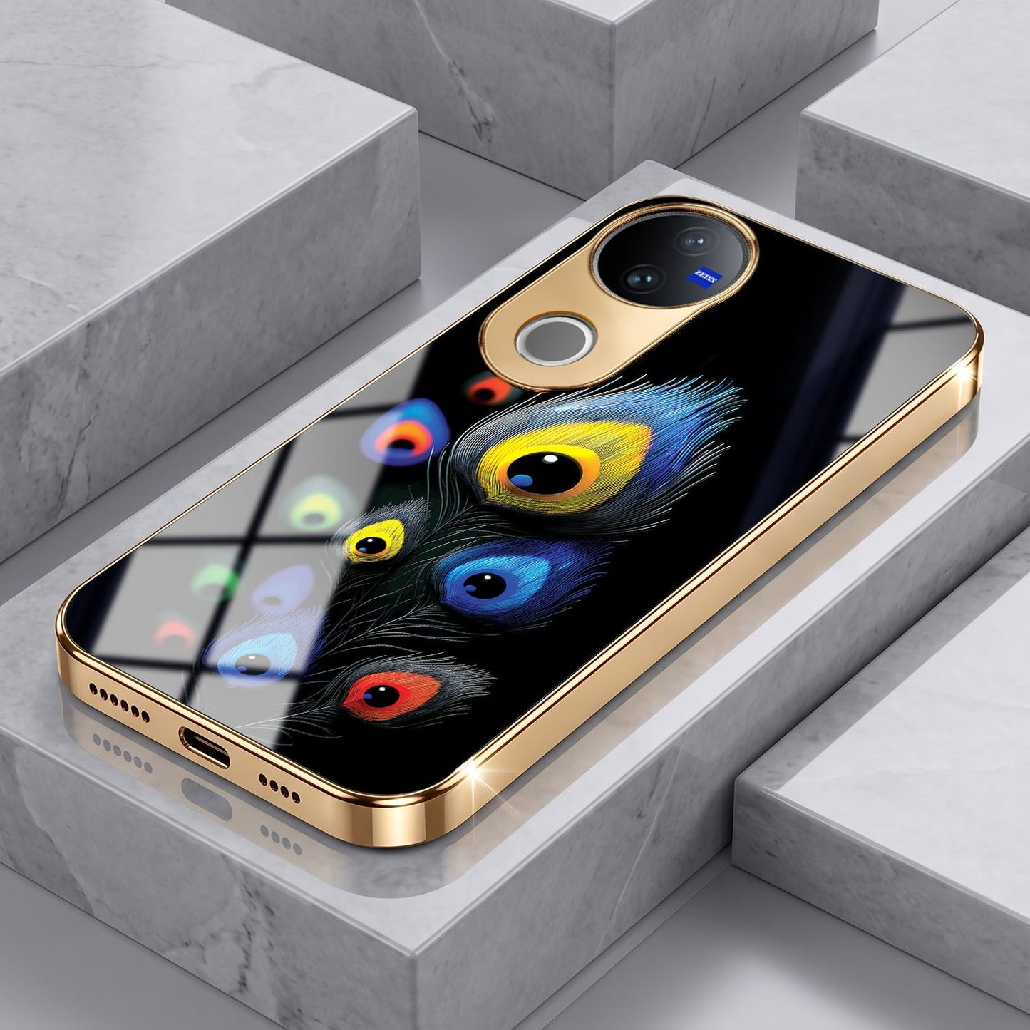 Vivo V50 5G Premium Peacock Feather Gold Electroplated Glass Phone Back Case