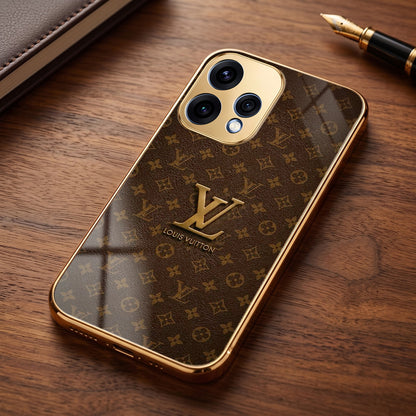Oppo Reno 15 5G LV Brown Monogram Gold Electroplated Glass Phone Back Case