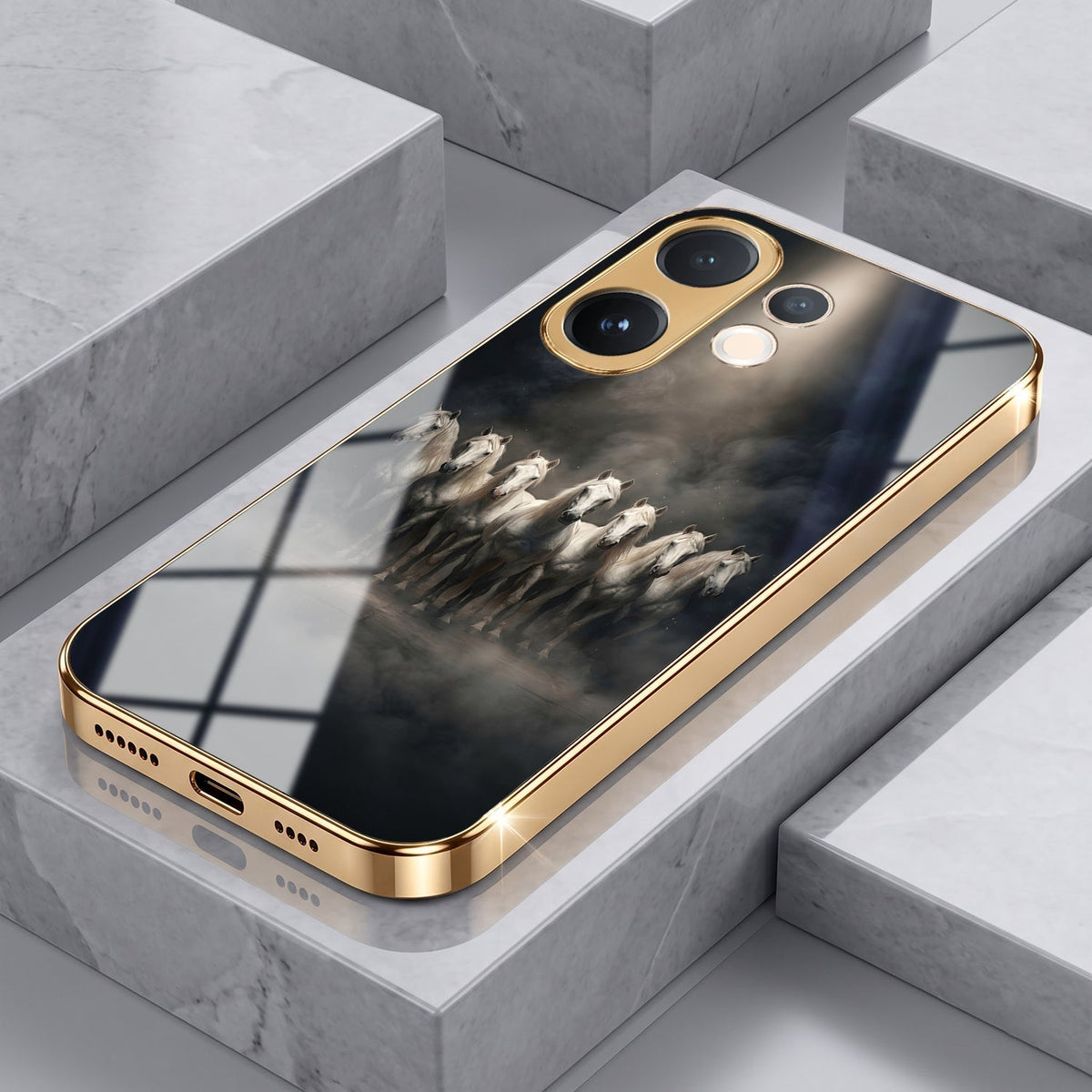 Vivo V60 5G Running Horses Gold Electroplated Glass Phone Back Case