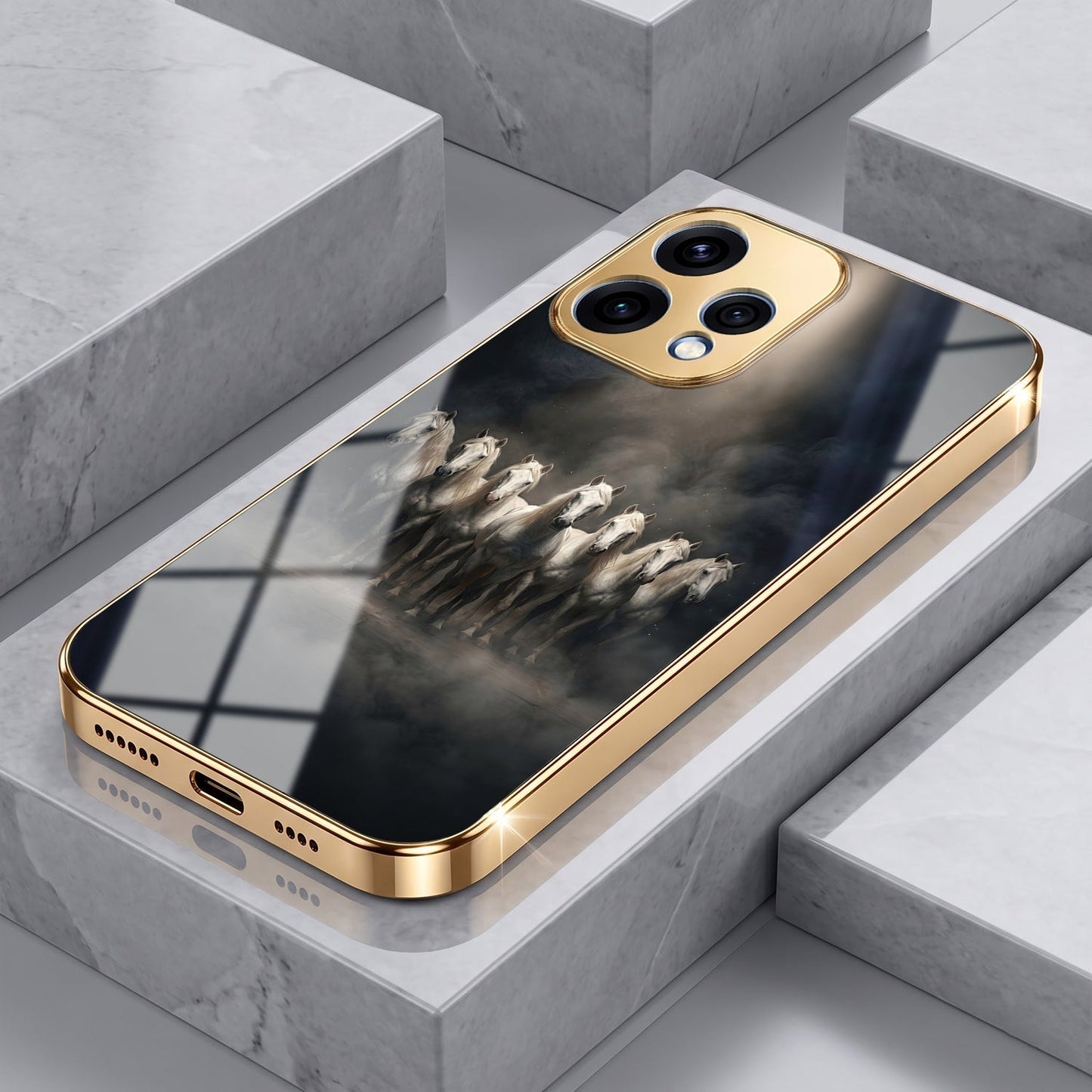 Oppo Reno 15 5G Running Horses Gold Electroplated Glass Phone Back Case