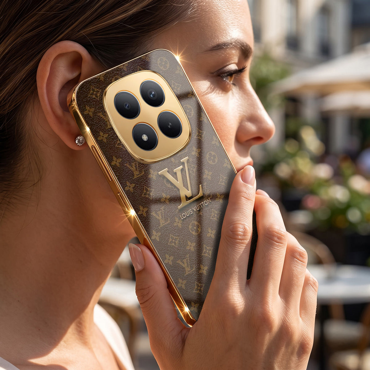 Redmi Note 15 Pro+ 5G LV Brown Monogram Gold Electroplated Glass Phone Back Case