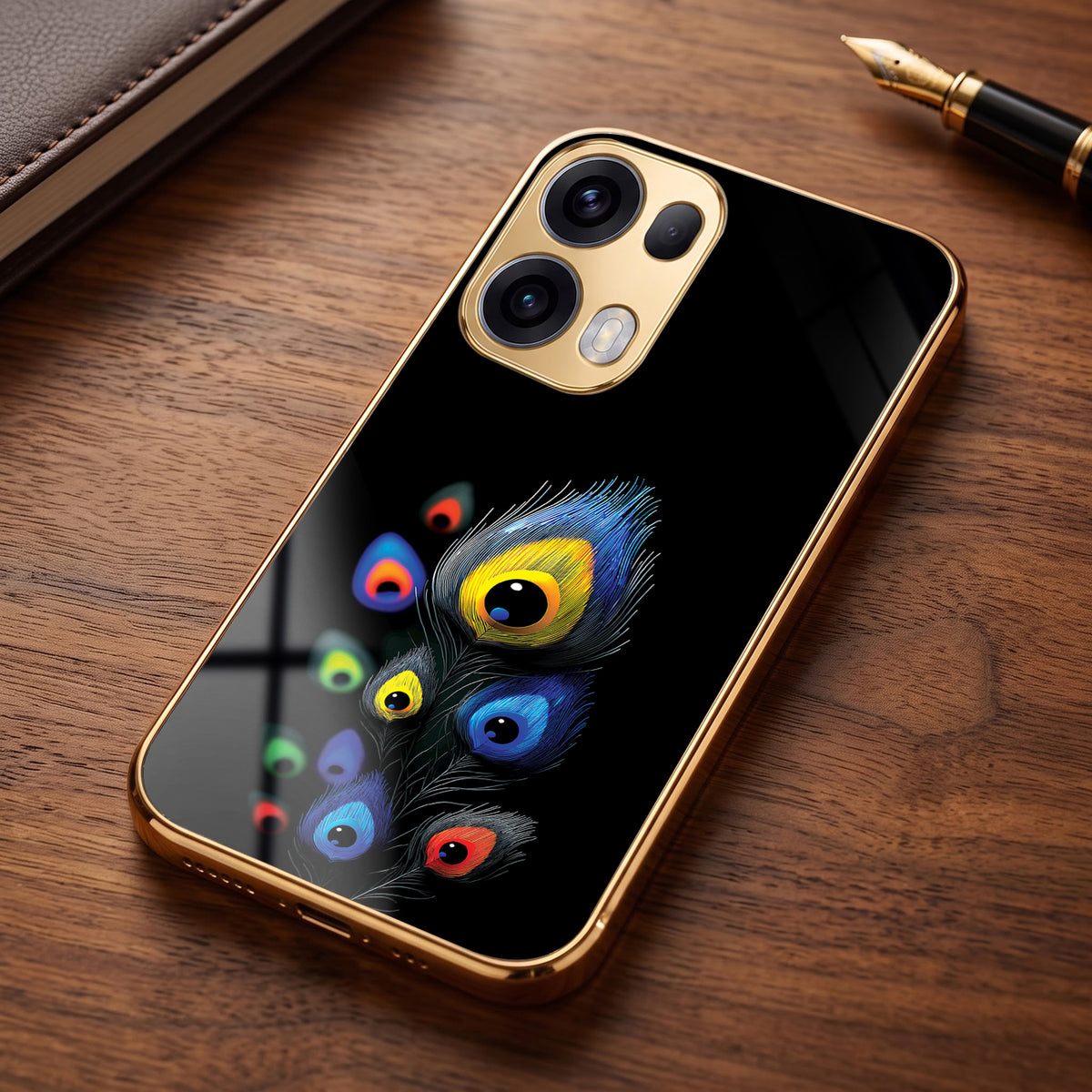 Oppo Reno 13 Pro 5G Multi-Feather Peacock Gold Electroplated Glass Phone Back Case