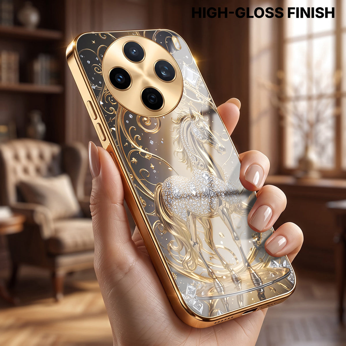 Vivo X200T 5G Luxury Horse Texture Gold Electroplated Glass Phone Back Case