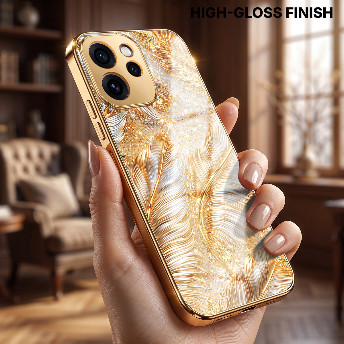 Oppo Reno 15 Pro Mini 5G Golden Feather Marble Gold Electroplated Glass Phone Back Case