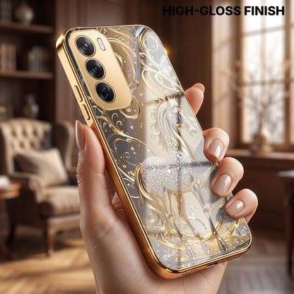 Oppo Reno 12 Pro 5G Luxury Horse Texture Gold Electroplated Glass Phone Back Case