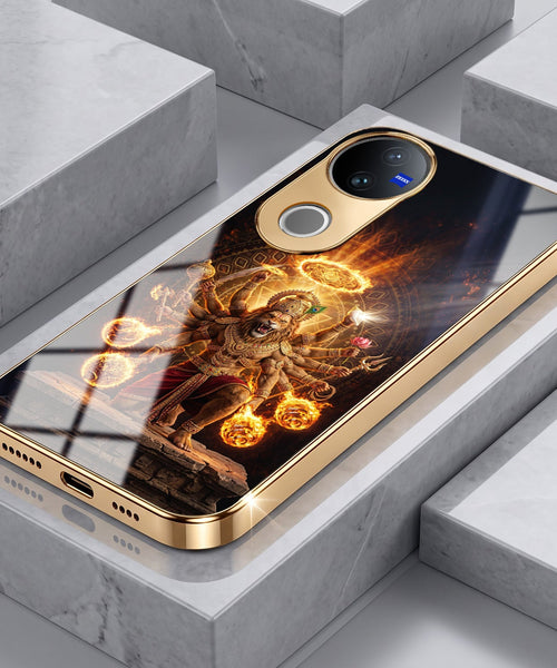 Vivo V50 5G Lord Narasimha Gold Electroplated Glass Phone Back Case