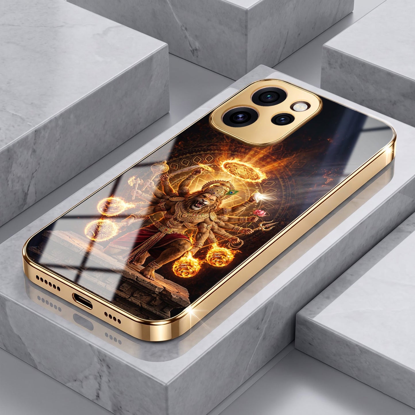 Oppo Reno 15 Pro Mini 5G Lord Narasimha Gold Electroplated Glass Phone Back Case