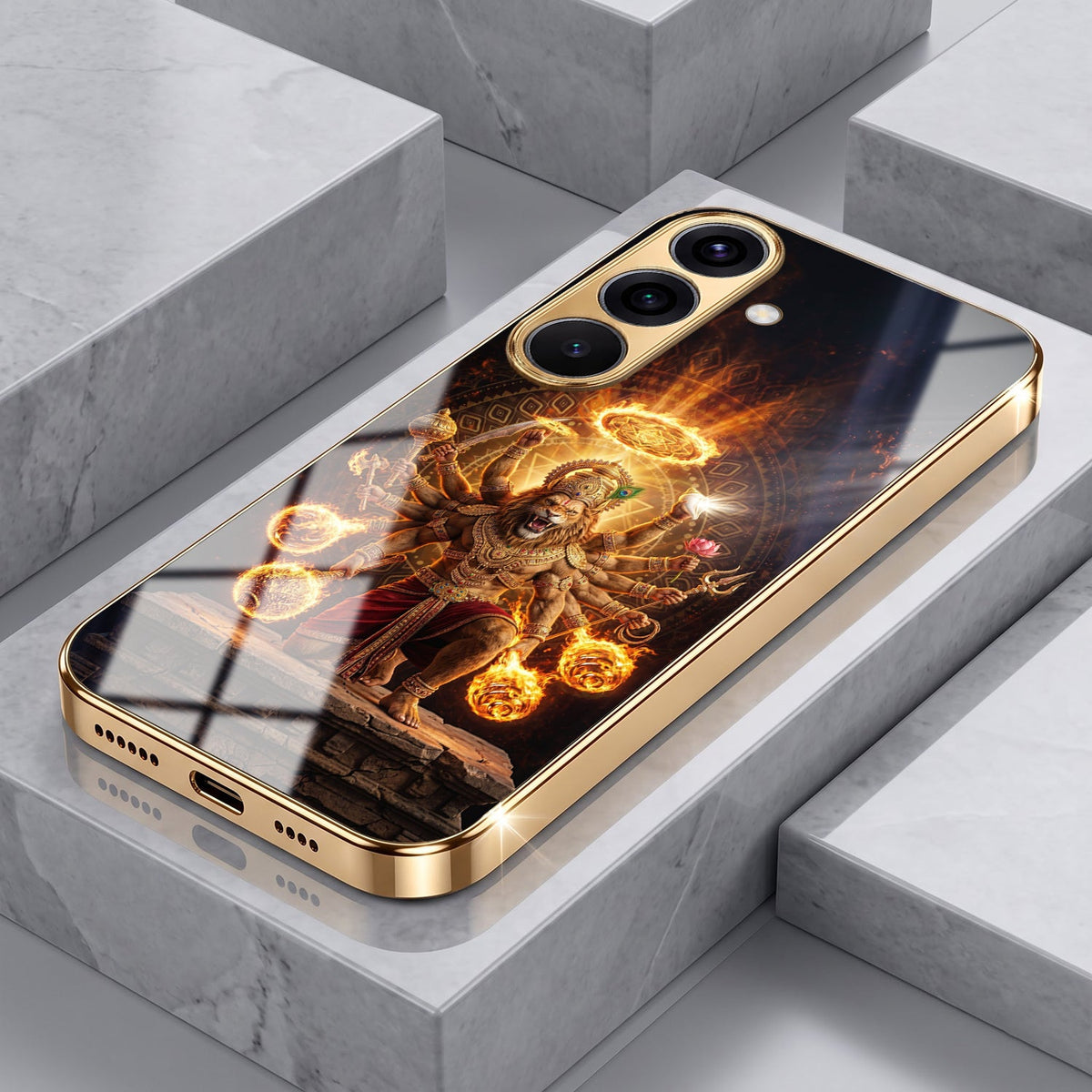 Samsung Galaxy A56 5G Lord Narasimha Gold Electroplated Glass Phone Back Case
