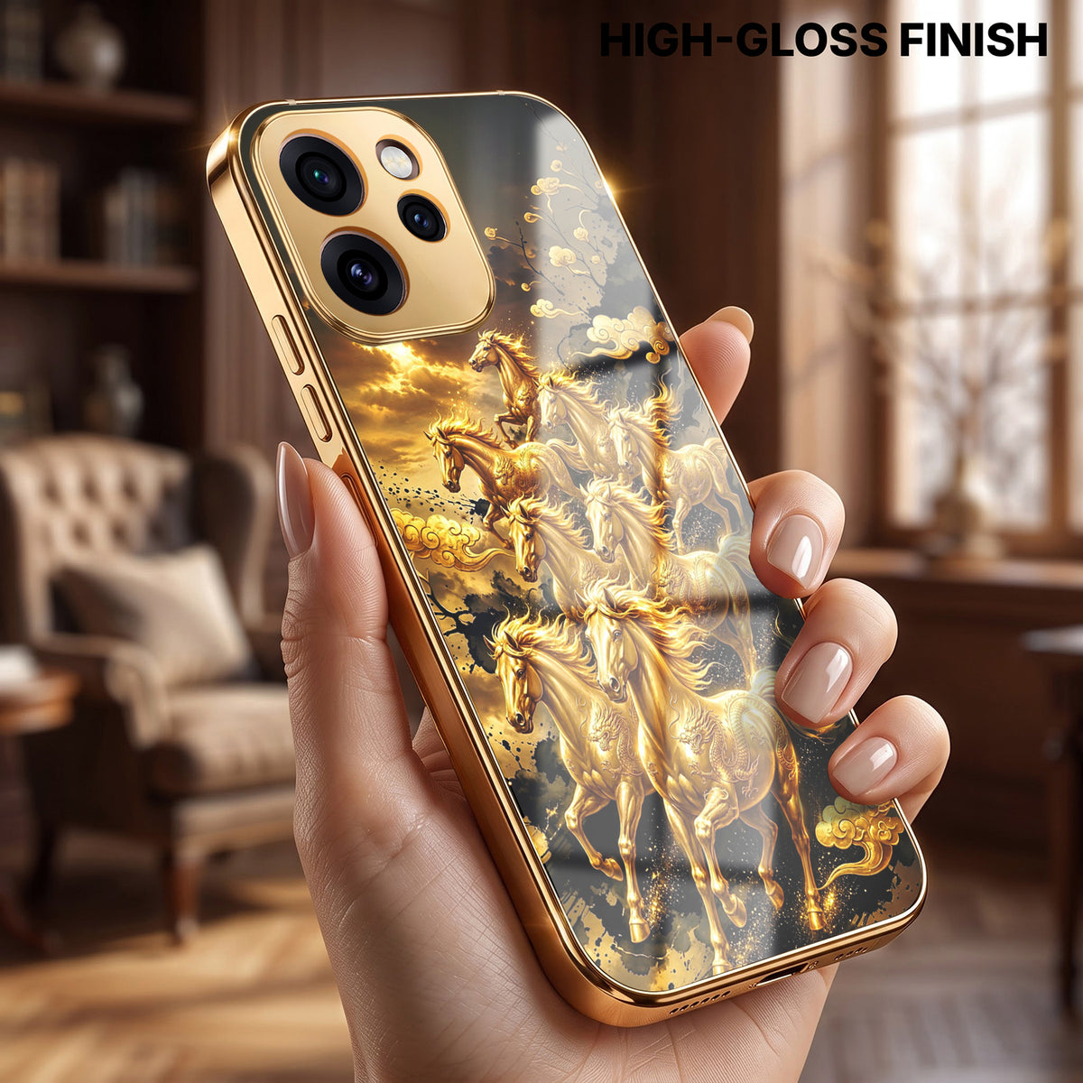 Oppo Reno 15 Pro Mini 5G Horses Royal Glory Gold Electroplated Glass Phone Back Case