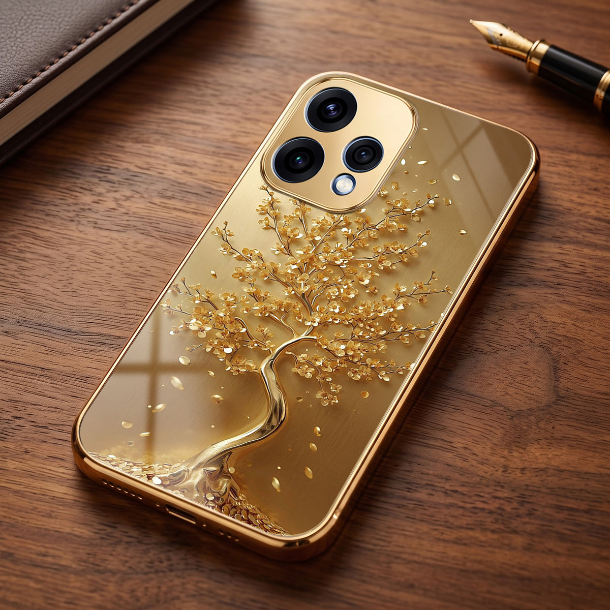 Oppo Reno 15 5G Golden Tree Gold Electroplated Glass Phone Back Case