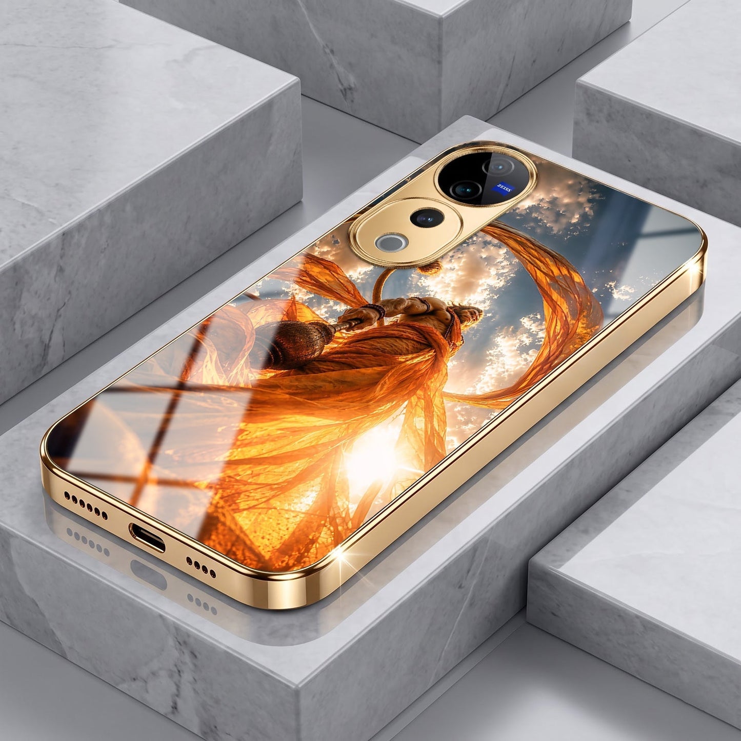 Vivo V40 Pro 5G Divine Hanuman Gold Electroplated Glass Phone Back Case