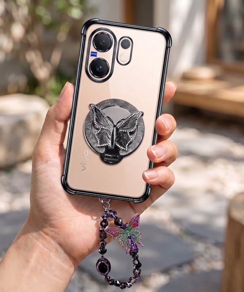 Vivo V60 5G Transparent Airbag Butterfly Stand Case with Charm Strap