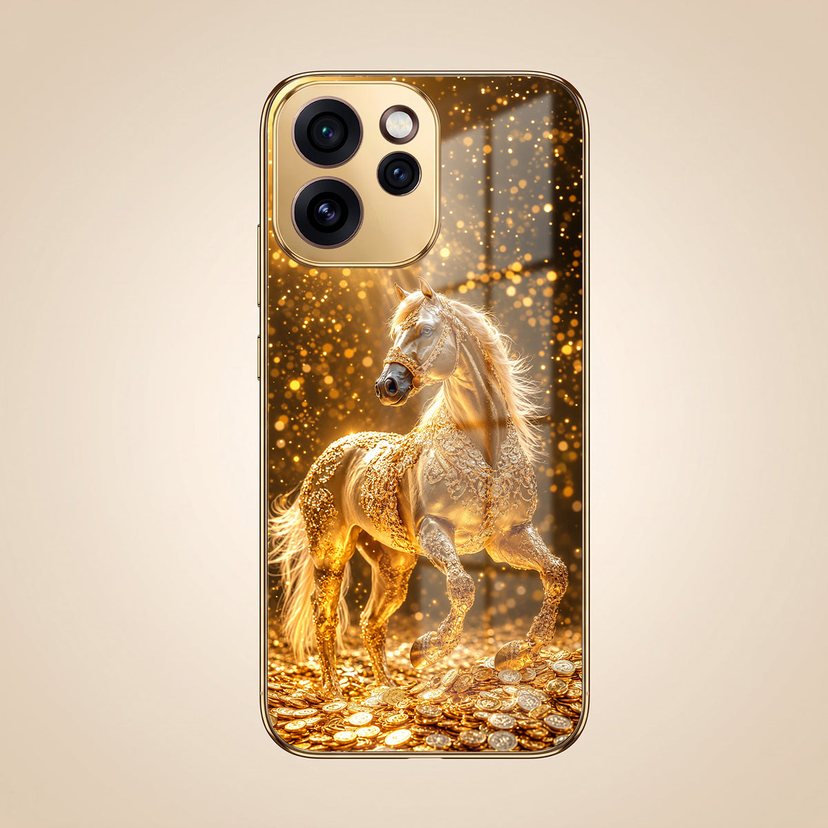 Oppo Reno 15 Pro Mini 5G Golden Horse Sparkle Gold Electroplated Glass Phone Back Case