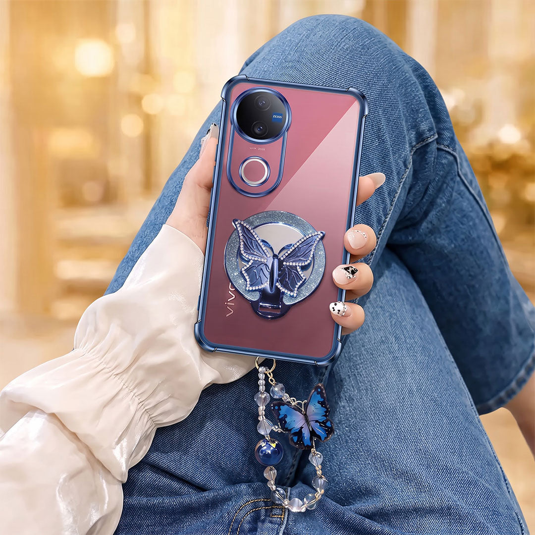 Vivo V50 5G Transparent Airbag Butterfly Stand Case with Charm Strap