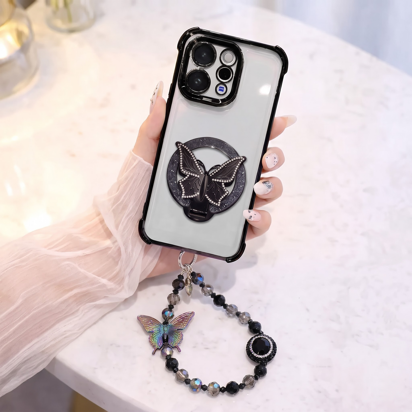 Vivo V70 5G Transparent Airbag Butterfly Stand Case with Charm Strap