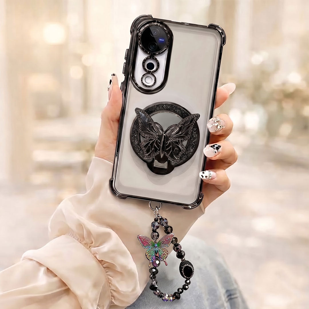 Vivo V40 Pro 5G Transparent Airbag Butterfly Stand Case with Charm Strap