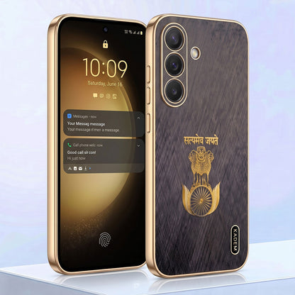 Samsung Galaxy A37 5G Satyamev Jayate 3D Electroplated Frame Gold Thread Pattern Hard Back Case