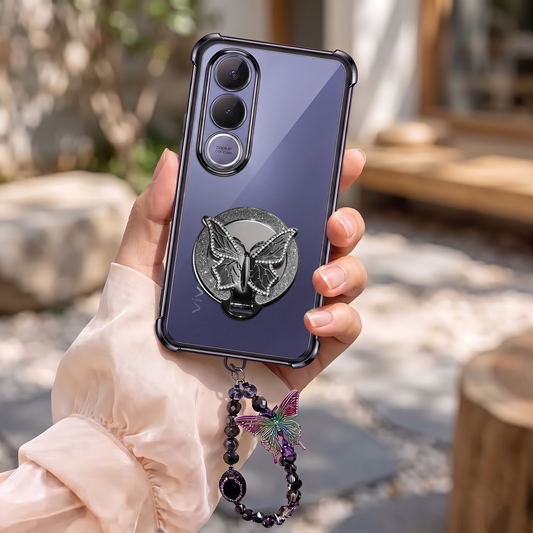Vivo V70 FE 5G Transparent Airbag Butterfly Stand Case with Charm Strap