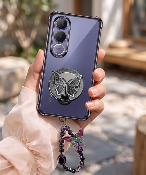Vivo V70 FE 5G Transparent Airbag Butterfly Stand Case with Charm Strap