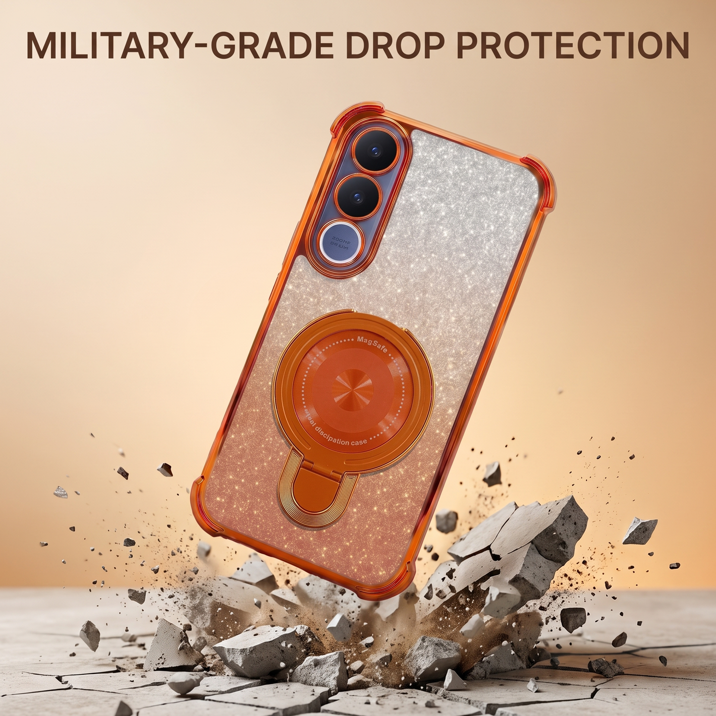 Vivo V70 FE 5G Invincible Bracket Ring Stand Shimmer Airbag Cosmic Orange Case