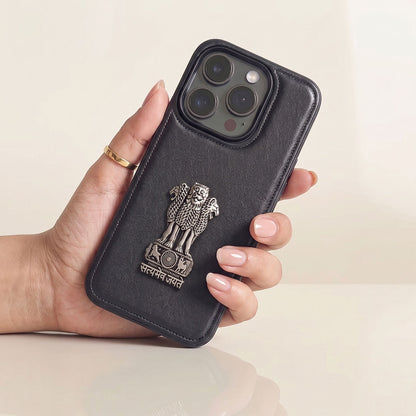 iPhone 15 Series 5G Skin Feel Leather Metal Satyamev Jayate Emblem Case