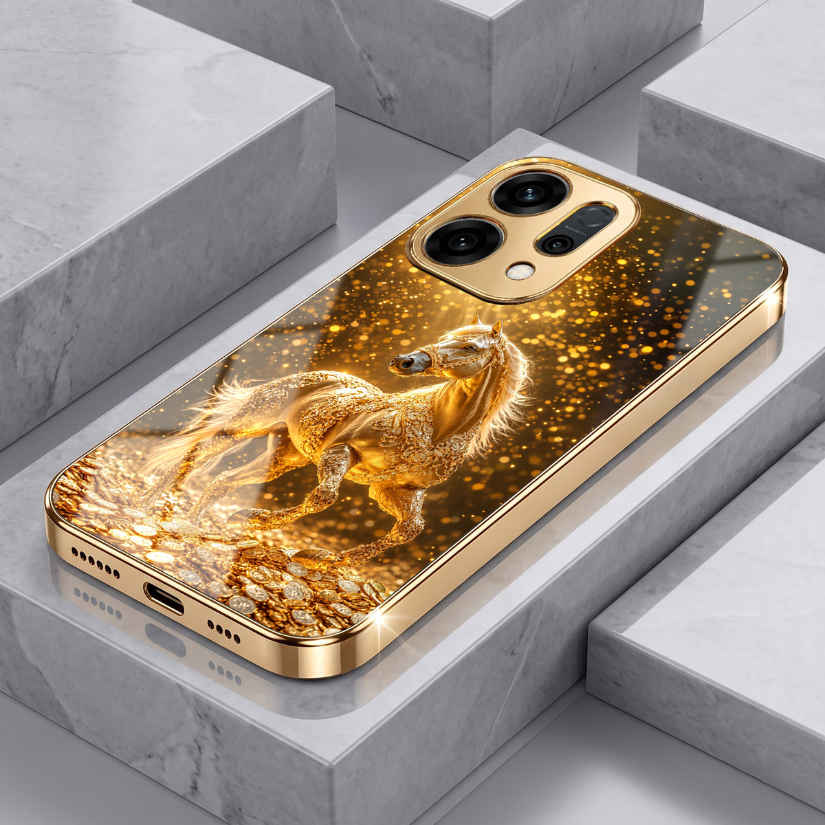 Oppo Reno 14 5G Golden Horse Sparkle Gold Electroplated Glass Phone Back Case