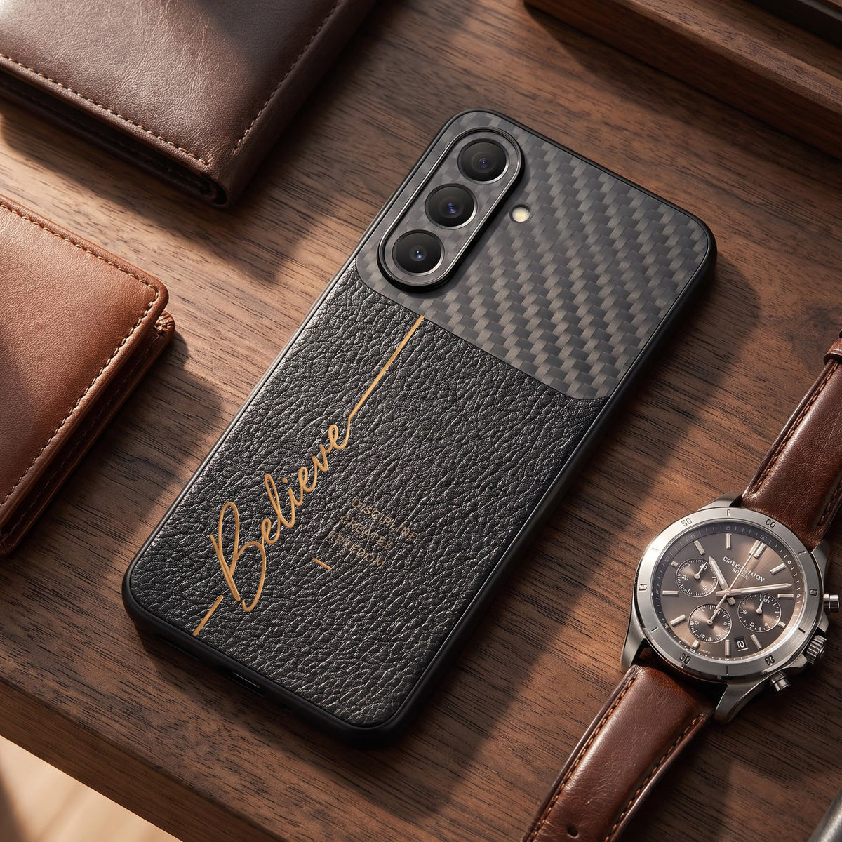 Samsung Galaxy A27 5G Belive Quote Carbon Fiber Leather Hybrid Back Case