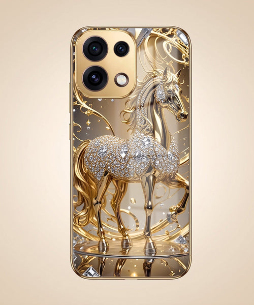 Oppo Reno 16C 5G Luxury Horse Texture Gold Electroplated Glass Phone Back Case