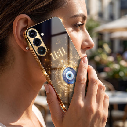 Samsung Galaxy A56 5G God’s Plan Evil Eye Gold Electroplated Glass Phone Back Case