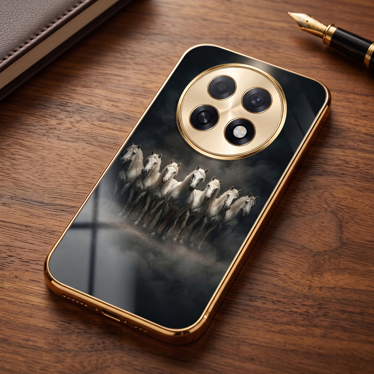 Oppo F31 Pro+ 5G Running Horses Gold Electroplated Glass Phone Back Case