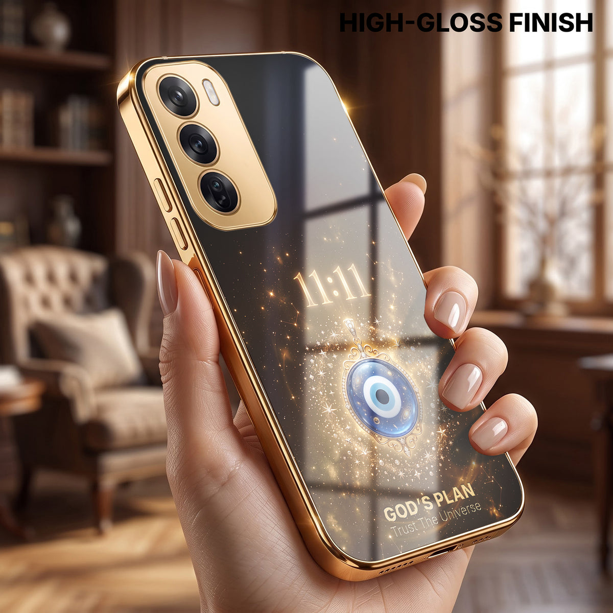 Oppo Reno 12 Pro 5G God’s Plan Evil Eye Gold Electroplated Glass Phone Back Case