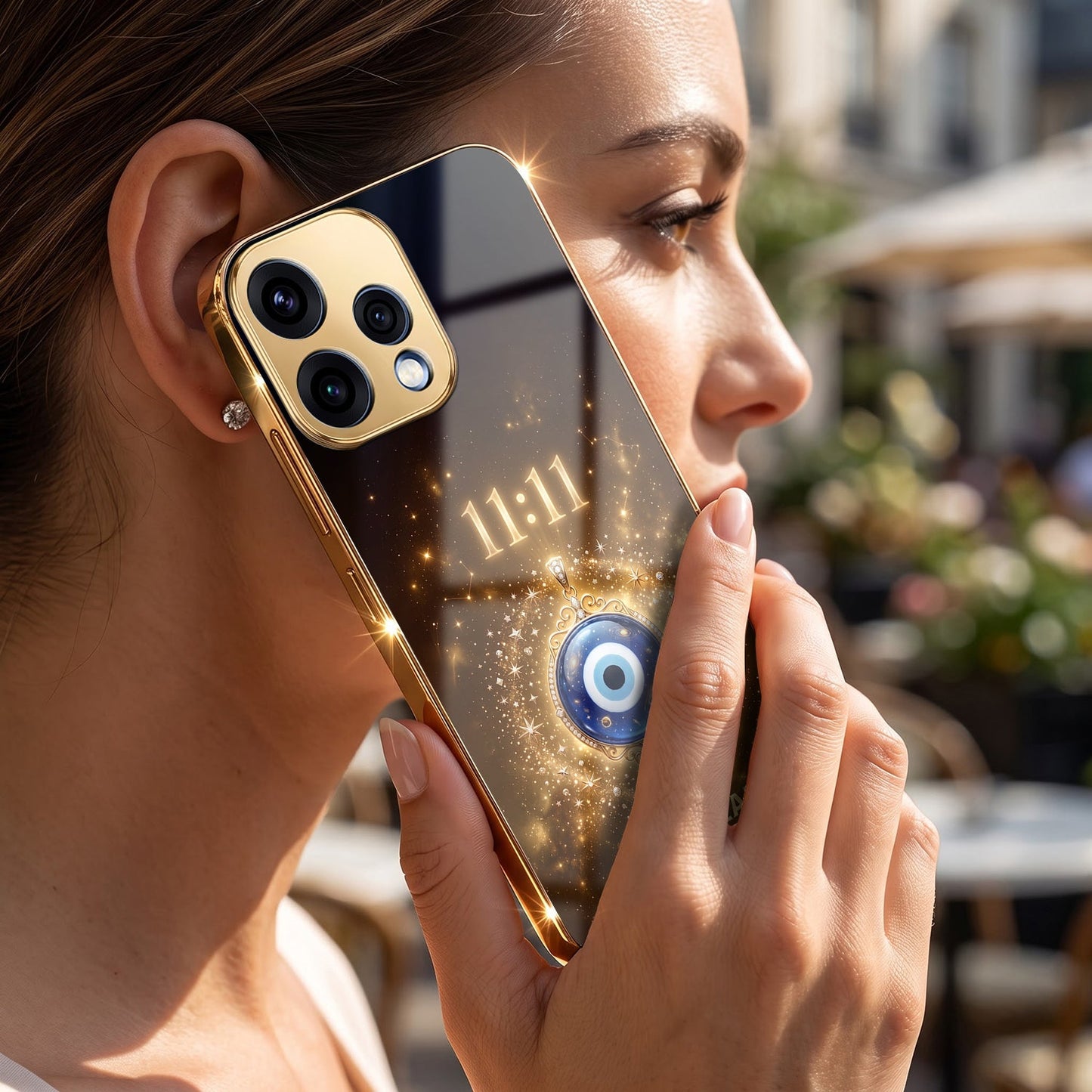 Oppo Reno 15 5G God’s Plan Evil Eye Gold Electroplated Glass Phone Back Case