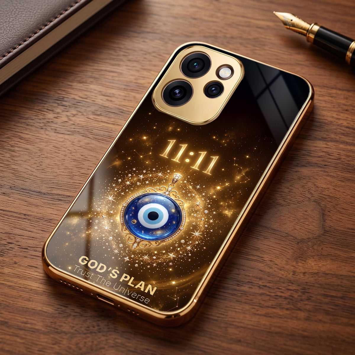 Oppo Reno 15 Pro Mini 5G God’s Plan Evil Eye Gold Electroplated Glass Phone Back Case