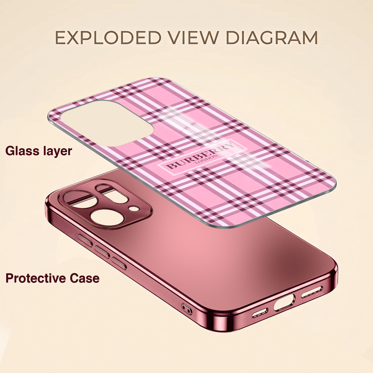 Oppo Reno 14 5G Burberry Classic Pink Electroplated Glass Phone Back Case