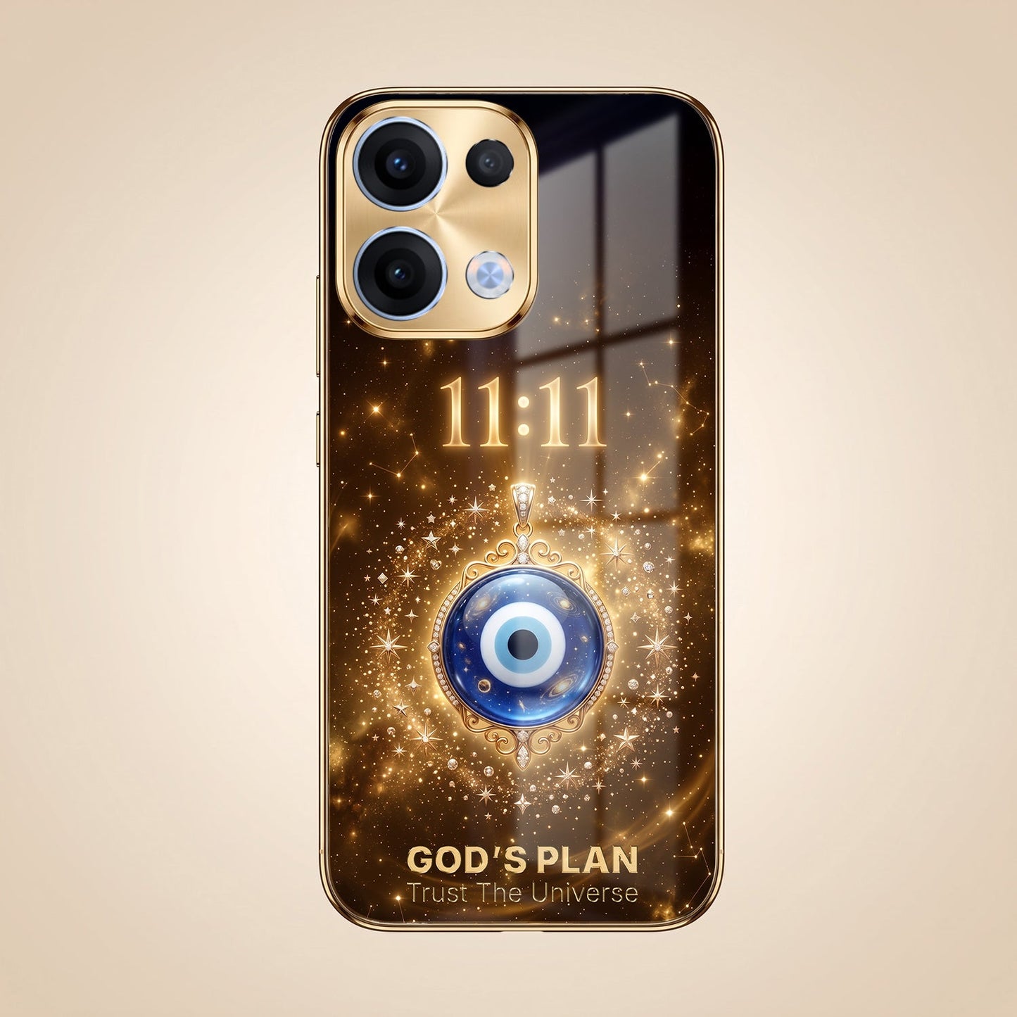 Oppo Reno 13 5G God’s Plan Evil Eye Gold Electroplated Glass Phone Back Case