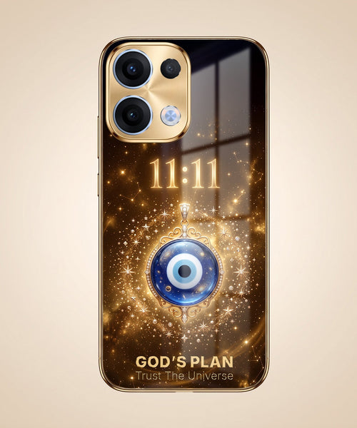 Oppo Reno 13 5G God’s Plan Evil Eye Gold Electroplated Glass Phone Back Case